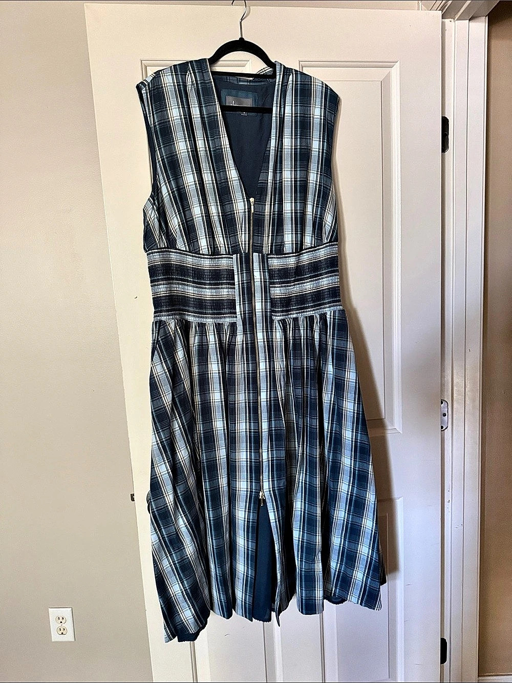 Anthropologie The Tommie Zip-Front Midi Dress Plaid Blue & White 2X